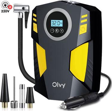 Draagbare luchtcompressor, 150 psi, 12 V DC, bandenpomp met lcd-display en ledlamp, zwart/geel Draagbare luchtcompressor, 150 psi, 12 V DC, bandenpomp met lcd-display en ledlamp, zwart/geel